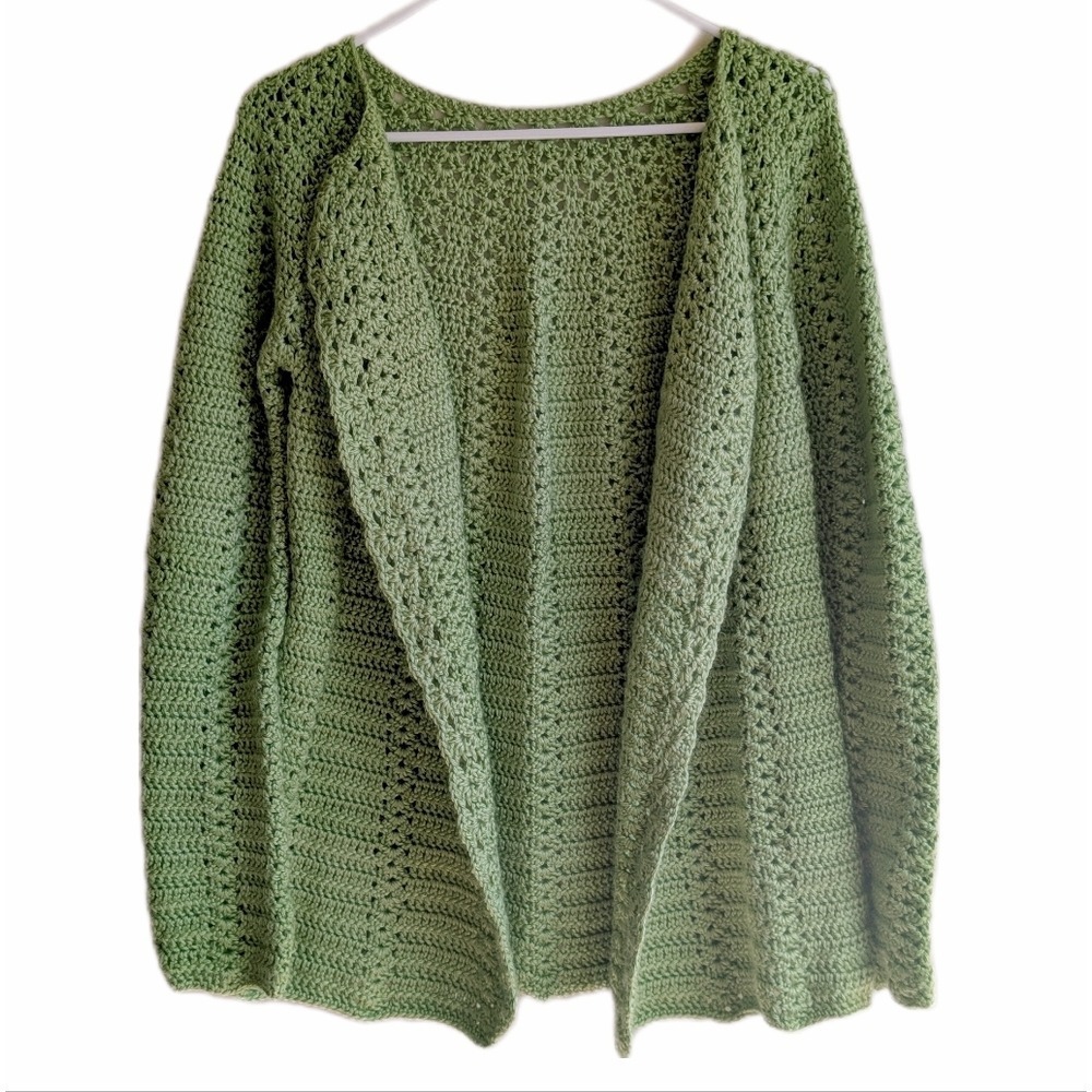 Vintage 90s Hand-Knit Cottagecore Earthy Chartreuse Green Heavy Knitted Cardigan